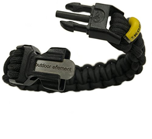 OUTDOOR ELEMENT Kodiak Survival Bracelet - Fire-Starter, Survival Paracord, Tinder, Fishing Line and Hook | Black - Large