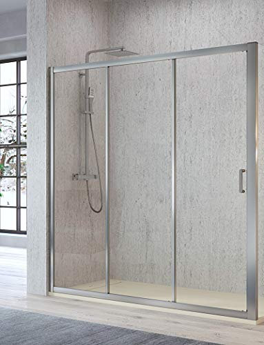 Paroi de douche avant - 2 portes coulissantes et 1 Hpja fixe - Verre de sécurité de 5 mm - Modèle cible (152-157 cm)
