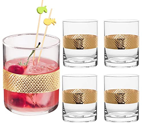 Set of 4 G&T Cocktail Tumbler Glasses Diamond Band Glass Glassware BW35 | 400ml, Diamond Embossed, Wold Band, Glassware Gift Set, Hand Wash