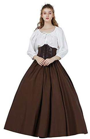 BAUTELICATE Saya Medieval Falda Larga Algodón 100% Cintura Elástica para Renacentista Gótico Larp (Marrón,M)