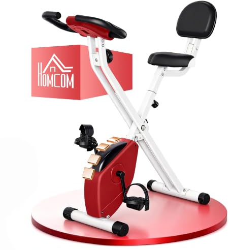 HOMCOM Bicicleta Estática Plegable con Respaldo 8 Niveles 110 kg | Bici Estática, Resistencia Magnética, Volante, Pantalla LCD, Pulsómetro, Sillín Ajustable, para Hogar, Ahorra Espacio