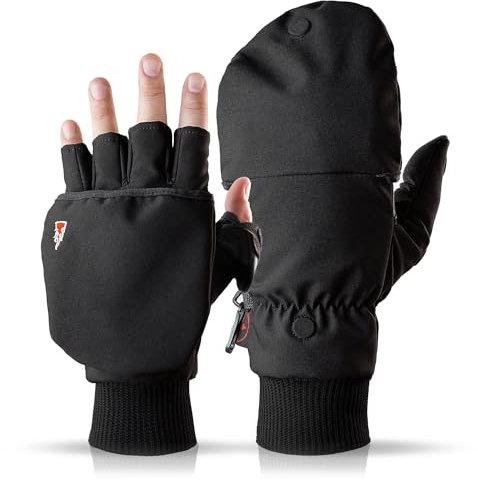 Heat 2 Fingerlose Handschuhe und Fäustlinge Kombination, warme Winterhandschuhe gegen den Wind und Kälte im Winter – Sporthandschuhe, Fahrradhandschuhe Damen, Herren, schwarz, Small