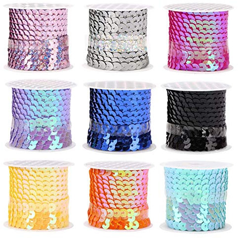 9 Rollen Pailletten Band 6mm Flache Glitzerband Borten, 4.5m Paillettenband, Bunte Pailletten Bänder, Paillettenrolle für Nähen, Schmuck Machen, Basteln, Kleid Dekorieren