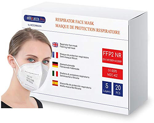 Caja de 20 Máscarillas Respiratorias Protección FFP2 NR desechables, 5 CAPAS, probadas y certificadas CE EN149 por un Organismo Notificado (Notified Body) - Alta Filtración EFB > 94%