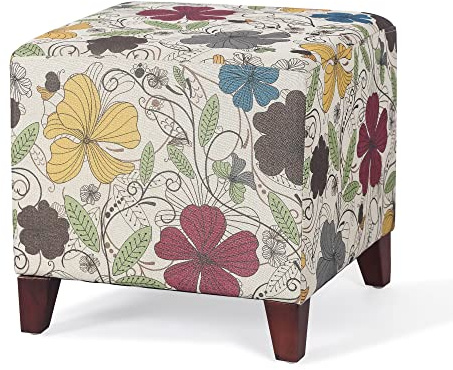 Joveco 16.3'' Cube Ottoman Foot Stool Square Linen Fabric Foot Rest Seat with Wood Legs for Living Room Bedroom Entryway (Colorful Printing)