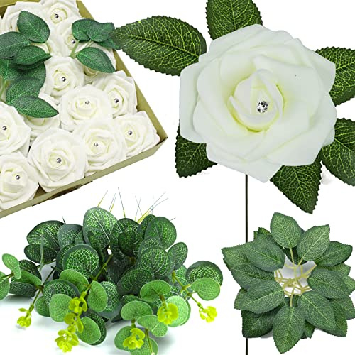 SWEETIME Künstliche Blumen Rosen, 25 Stück Deko Blumen Fake Rosen mit Stielen DIY Hochzeit Blumensträuße Braut Zuhause Dekoration, Weiß