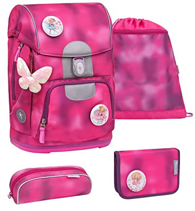 Belmil Motion ergonomisches Schulranzen Set 5-teilig aus recyceltem Material mit Brustgurt, Hüftgurt, Magnetverschluss, Patch Set 3 Stück (405-74/S Shiny Pink)