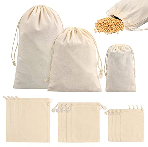 Joyan 12 Stücke Natürliche Baumwolle Stoffbeutel Klein, Baumwollbeutel mit Kordelzug, Stoffbeutel mit Kordelzug, Beige Kleine Stoffbeute mit Kordelzug für Schmuck, Geschenk(10x15cm, 15x20cm, 20x30cm)