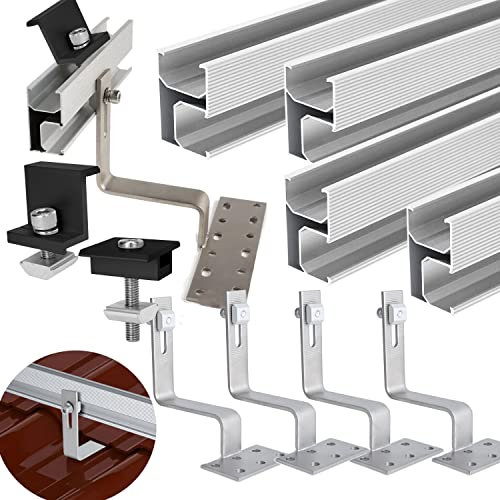 Solar Halterung Ziegeldach für 4 module set, PV Montageset Photovoltaik Diskontinuierliche Schienen 200MM, Befestigung Schiene Dachhaken Schwarz Halter, Befestigungssystem SolarAlu Halteren