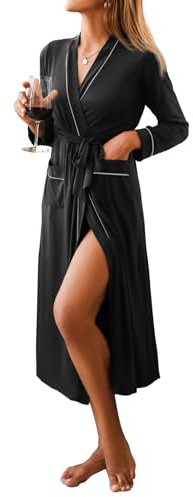 Ekouaer Women Kimono Robes Full Length Knit Bathrobe Lightweight Soft Sleepwear V-neck Casual Ladies Loungewear Black Small
