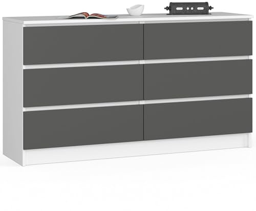 AKORD Commode K-140 avec 6 Tiroirs | Commode Classique pour La Chambre, Salon | Meuble de Rangement | L138 x H77 x P40 cm, Poids 51 kg | Blanc & Gris Graphite Façade