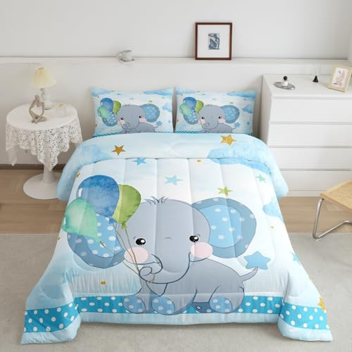 Bonito juego de edredón infantil de elefante, juego de ropa de cama de acuarela azul para mujeres y niñas, edredón suave con estrellas y cielo nube, juego de edredón acolchado para niños, colección de