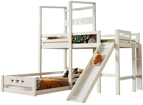 kubeier Kinderbett Etagenbett mit Tafel und Rutsche, Hochbett mit Leiter 90x200 cm Einzelbett mit Rausfallschutz, Holzbett für Kinder 2X Lattenrost- für Jungen und Mädchen, Weiß
