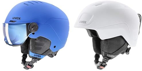uvex rocket jr visor - Skihelm für Kinder - mit Visier - individuelle Größenanpassung - blue matt - 54-58 cm & heyya pro - Skihelm für Kinder - individuelle Größenanpassung weiß-schwarz matt 54-58 cm