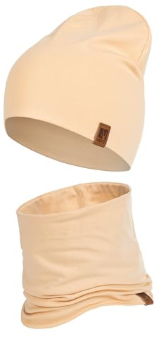 HEYO Ensemble bonnet pour enfant - Écharpe tube en coton - Écharpe ronde douce - Pour filles et garçons - Automne - Printemps - Ensemble d'automne, beige, 3-12 Jahren