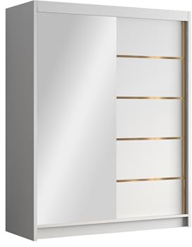 Mirjan24 Kleiderschrank mit Goldverzierung Femosa III 150 cm Breit, Garderobenschrank mit Spiegel, Schlafzimmerschrank mit Kleiderstange und Einlegeböden für Kleidung (Weiß)