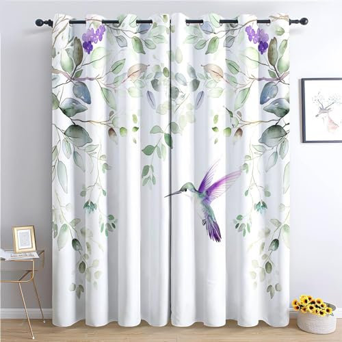Srigzcaly Aquarell Lila Kolibri 183x214cm(BxH) -Druck Ösen Gardinen Florale Elemente Wärmegedämmt Blickdichter Vorhang Für Jungen Mädchen Kinder Schlafzimmer Wohnkultur