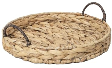 Water Hyacinth Round Tray Natural Coffee Table Tray with Handles Ottoman Coffee Table Tray for Coffee, Breakfast and Dinner, 11.8-inch,Decoratve Serving Tray.
