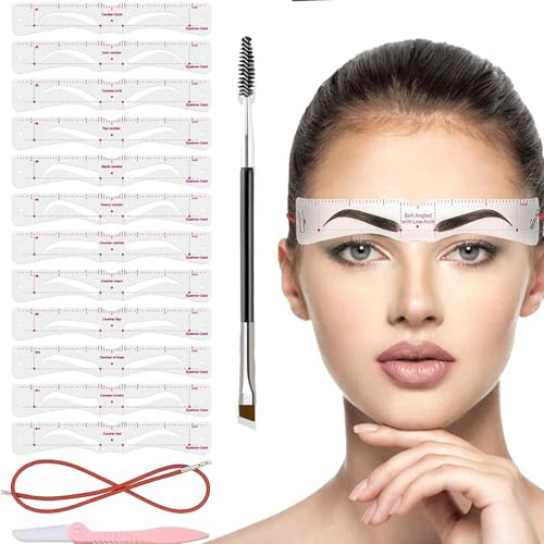 Stencil Shaper Kit, 12 Styles Eyebrow Shaper Kit with Eyebrow Brush and Brow Razor Trimmer, Reusable DIY Eyebrow Stencils Template for 3 Minutes Makeup, Suitable for women's makeup, Drawing Brows