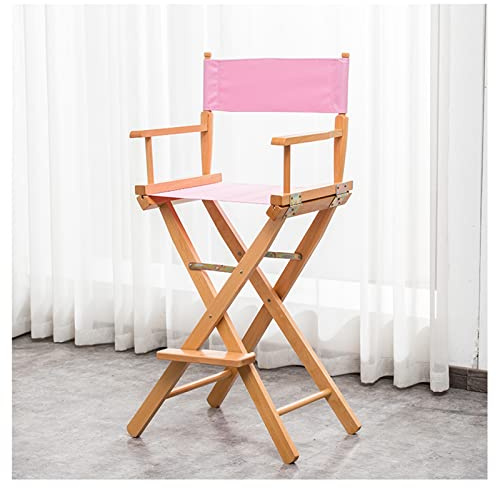 JNTFNE Silla de maquillaje alta plegable de madera maciza, silla de director portátil para exteriores, herramienta de belleza profesional, accesorios de maquillaje, silla de salón, color rosa