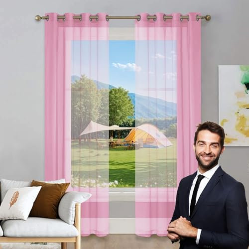 LIUNADM Voile Scheibengardine 270 x 180 cm Wärmeisolierend, Ösenvorhang Bistrogardine Scheibengardine Kindergardine für Küche Wohnzimmer Landhaus, Rosa