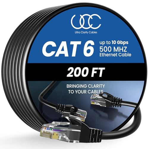 Ultra Clarity Cables Ethernet Cable Cat6 60M/200ft High-Speed 10Gbps LAN Cable with Gold Plated RJ45 Connector for Router, Modem, PC, Switches, Hub, Laptop, Black, 1 Pack