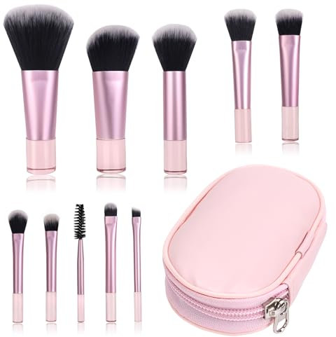 Lot de 10 Pinceaux de Maquillage de Voyage, Mini Pinceau de Maquillage Avec Sac PU, Set de Pinceaux Cosmétiques, Set de Pinceaux de Maquillage Portable (Rose)
