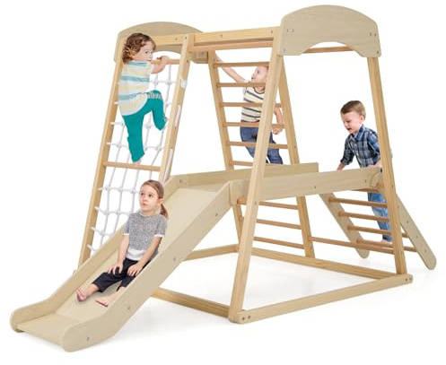 HONEY JOY Kids Indoor Jungle Gym, Large 6-in-1 Playground Climber with Slide Ramp, Monkey Bars, Climbing Net, Ladder, Wooden Montessori Climbing Toys for Toddlers Boys Girls (Natural)