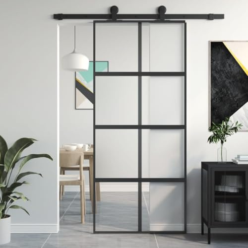 Willood Schiebetür Schwarz 90x205cm Schiebetür Schiebetürsystem Glastür Glasschiebetür Ganzglasschiebetür Tür Innen mit Alurahmen Hartglas und Aluminium