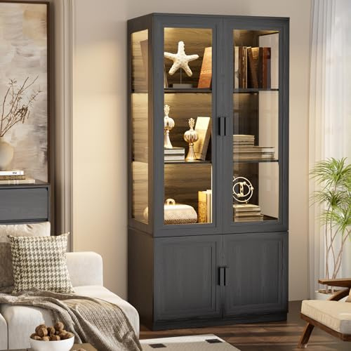 BROTTAR Display Cabinet with Glass Doors and 3 Color Lights, H67 Storage Cabinet&Display Case with Magnetic Lock and Buffer Hinge, Curio Bookcase Cabinets for Collectibles, Books for Living Room