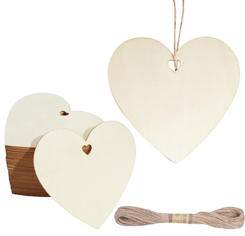 CUWELT 40PCS 10x10cm Wooden Hearts with Jute String, Unfinished Wooden Love Hearts with Hole for Crafts, Natural Hanging Loves for Wedding Birthday Party DIY Decoration Art