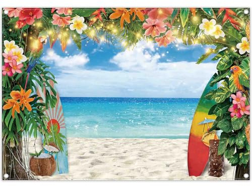Luminora 2,1 x 1,5 m Toile de Fond en Tissu Motif Plage hawaïenne | fleurs tropicales, planche de surf, océan, feuilles de palmier, décorations de fête Luau Aloha, bannière photo
