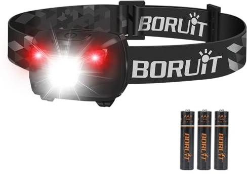 BORUIT BR01 LED Super Bright Head Torch Red White Light, 4 Modes | AAA Battery Powered Headlamp for Kid Adult Camping Running Hiking Fishing, IPX4 Waterproof Headlight