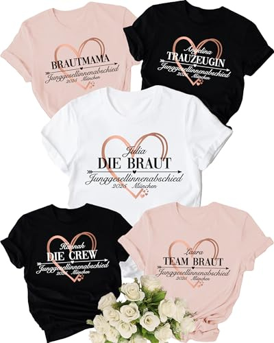 JGA T-Shirts für Braut & Bräutigam & Teams personaliiert, 100% Baumwolle, gedruckt in Deutschland