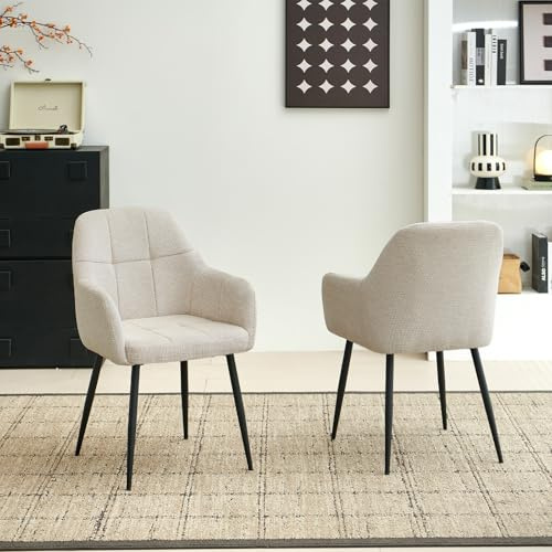 Colorig Modern Beige Dining Chairs Set of 2, Ergonomic Armchairs with Cross Metal Legs, Plush Chenille Fabric Upholstered Seat Living Room Chairs for Reception Kitchen Bedroom (2, Beige)