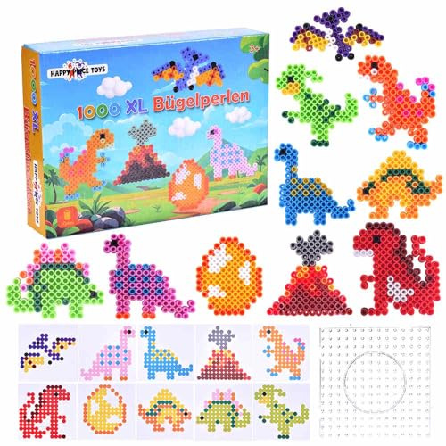 1000 Maxi XL 10mm Bügelperlen mit Steckplatte und 10 Dino Muster und 3 Bügelpapier. Kreatives Perlenset zum Basteln für Kinder ab 3 Jahren
