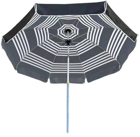 240cm Strandschirm mit Druckknopf-Kippfunktion, UV-Geschützt, Gestreifter Sonnenschirm für Terrasse und Unterwegs