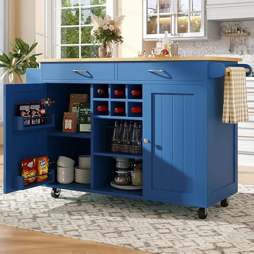SogesHome Isla de Cocina móvil con 4 Ruedas, Carrito de Cocina Grande con Espacio de Almacenamiento, Soporte para Copas de Vino y divisores Ajustables para Comedor y Cocina, 102 × 45 × 92 cm