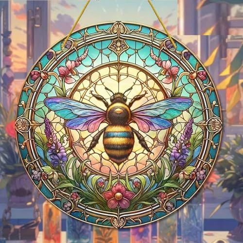 2D platt bi blomma målat fönster hängande solfångare, blomma målat glas solfångare fönsterprydnad målat glas panel solfångare vägg hängande dekor födelsedagspresenter