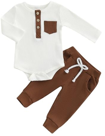 BeliBacca Vêtements pour nouveau-né garçon en tricot côtelé contrasté de printemps et d'automne - Ensemble de 2 pièces avec chemise boutonnée à manches longues et pantalon élastique - Vêtements