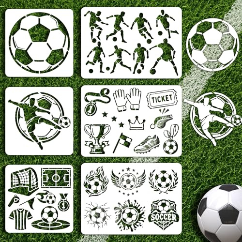 INFUNLY 6 Stück Fußballmalvorlage Für Wand Wiederverwendbare Wand Schablonen Fußball Action Wände Vorlage Für Malerei 7.87x7.87 8.27x11.69 Trophäen Vorlagen Für Handwerke Zement Holzmöbel Wohnkultur