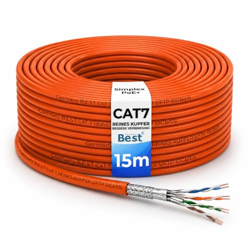 CAT 7 Netzwerkkabel 15m Reines Kupfer LAN Verlegekabel S/FTP 10 Gbit | 100 % reines Kupfer, LAN Kabel, Ethernet Verlegekabel, S/FTP, PoE+, 10 Gbit, Router, Switch, Keystone, Netzwerkdose