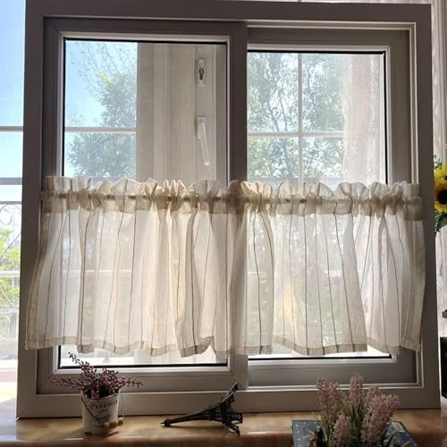 HiSnug Scheibengardinen Natur Leinen Bistrogardine für Balkontür Wohnwagen Landhausstil Bauernhaus Gardinen Gestreifte Kurz Halbtransparente Küchengardinen H60 x B100 cm