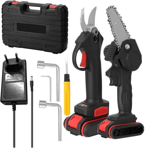 MF artSHOP Kit Potatura, Forbici da Potatura e Mini Sega Elettrica, Motosega Lama 4, Trancia Rami Professionale Cesoie Elettriche portatile, 5 M/S, con 2 Batterie da 48V, Valigetta e Accessori