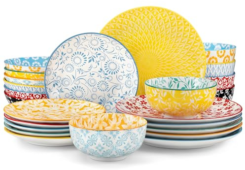 vancasso SELENE Assiettes Service de Table pour 6 Personnes, 24 Pièces, Vaisselle en Porcelaine Pastel - 6 Assiette Plate, à Dessert, Creuses et Bols - Adapté au Micro-Ondes - Style Floral Coloré