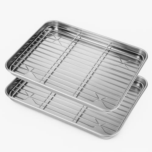 Gardenko 2er-Set Backbleche mit Abkühlgittern – Edelstahl 304 (18/8), rechteckige Backform 26x20x2,5 cm – spülmaschinenfest, gesund & ungiftig – Ofenblech-Set mit Auskühlgittern