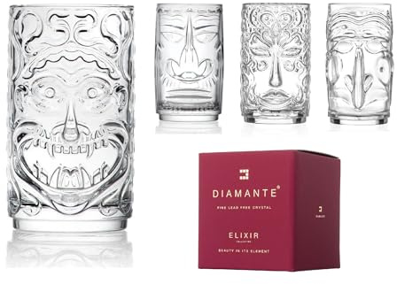 DIAMANTE Lot de 4 verres Tiki transparents en cristal exotique hawaïen, verres à cocktail ou verres Hi Ball pour boissons mélangées (2 x O'AHU, 2 x Maui)