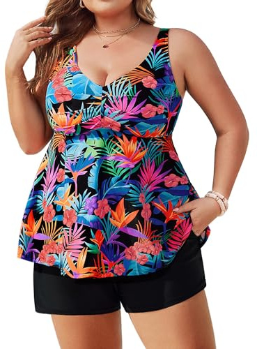 Hanna Nikole Conjunto de tankini de talla grande para mujer, traje de baño de 2 piezas con control de abdomen, traje de baño estampado acampanado, pantalones cortos con bolsillo, Hojas coloridas, 48