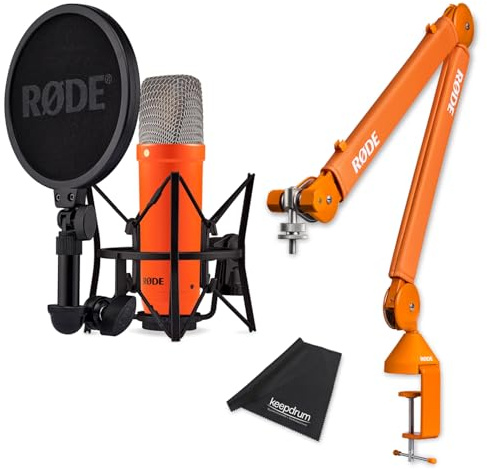 Rode NT1 Signature Studio-Mikrofon Orange mit PSA1+ Gelenkarm-Stativ Orange und keepdrum Mikrofasertuch