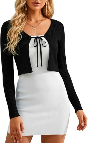 Coloquin Women Long Sleeve Tie Front Knit Bolero Shrug Bow Cropped Cardigan Jacket for Dress Black M